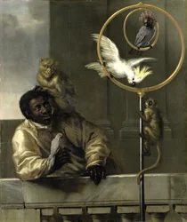 Svart mann med papegøyer og aper, 1670