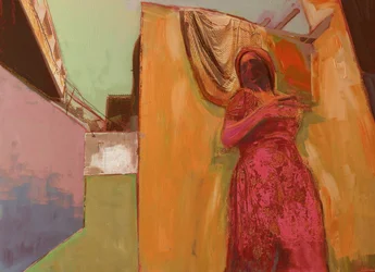 Kvinne i rosa kjole, 2016, blandede medier på trepanel