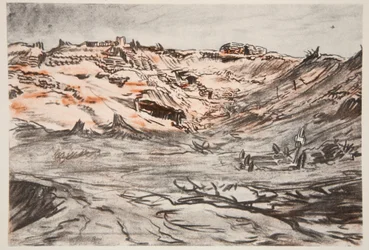 En Mouquet-gård fra et steinbrudd, illustrasjon fra «The Western Front», utgitt av Country Life Ltd.