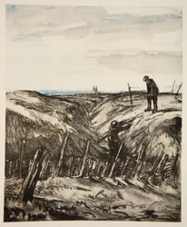 En ødelagt skyttergrav, illustrasjon fra «The Western Front», utgitt av Country Life Ltd.