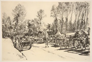 Et påfyllingspunkt for forsyninger, illustrasjon fra «The Western Front», utgitt av Country Life Ltd.