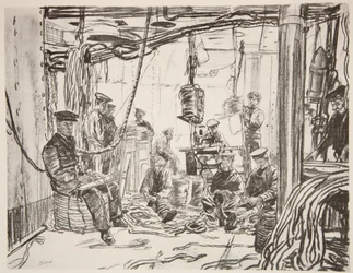 Sjømenn på et slagskip som lager ammunisjon for hæren, illustrasjon fra «The Western Front», utgitt av Country Life Ltd.