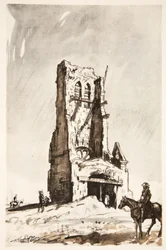 Det ruinerte tårnet i Becordel Becourt, illustrasjon fra «The Western Front», utgitt av Country Life Ltd.