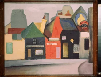 Landskap (gate i en fransk landsby med innmatbutikk og konditori). Maleri av David Petrovich Sterenberg (1881-1948), olje på lerret