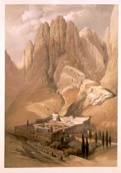 Sankt Katarina-klosteret med Horeb-fjellet, 19. februar 1839, plansje 118 fra bind III av «Det hellige land», gravert av Louis Haghe (1806-85), utgitt 1849