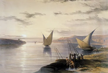 David Roberts (1796–1864) Britisk (skotsk) kunstner. «Båter på Nilen» Akvarell. Nederst til høyre, vann blir hevet ved hjelp av en shaduf. Victoria and Albert Museum, London