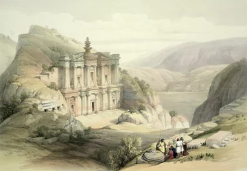 El Deir, Petra, 8. mars 1839, plansje 90 fra bind III av «Det hellige land», gravert av Louis Haghe (1806-85), utgitt 1849