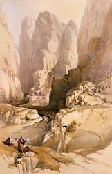 Inngangen til Petra, 10. mars 1839, plansje 98 fra bind III av «Det hellige land», gravert av Louis Haghe (1806-85), utgitt 1849