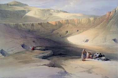 Inngang til gravene til kongene av Theben - Bab-el-Malook: litografi etter akvarell av David Roberts (1796-1864), skotsk kunstner. Arkeologisk bygning i det gamle Egypt