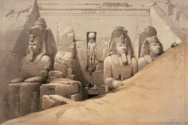 Frontoppriss av det store tempelet i Abu Simbel, Nubia, fra «Egypt and Nubia», litografi ved Louis Haghe, 1849