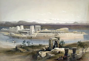 Generelt bilde av øya Philae, Nubia, november 1838. Etter akvarell av David Roberts (1796–1864), skotsk kunstner og orientalist. Tempel, det gamle Egypt, arkeologi, religion, mytologi, ruiner.
