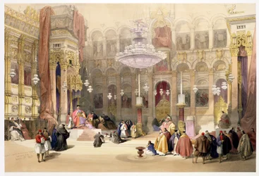 Den greske kirken ved Den hellige grav, Jerusalem, 11. april 1839, plansje 4 fra bind I av «Det hellige land», gravert av Louis Haghe (1806-85), utgitt 1842