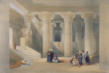 Interiør i tempelet i Esna, Øvre Egypt, fra «Egypt og Nubia», gravert av Louis Haghe, utgitt i London, 1838