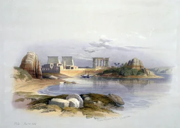 Øya Philae, Nubia, november 1838. Etter akvarell av David Roberts (1796–1864), skotsk kunstner og orientalist. Tempel, det gamle Egypt, arkeologi, religion, mytologi, ruiner.