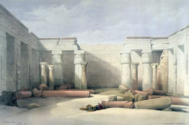 Medinet Abu - Theben, 5. desember 1832: litografi etter akvarell av David Roberts (1796-1864), skotsk kunstner. Arkeologi i det gamle Egypt.