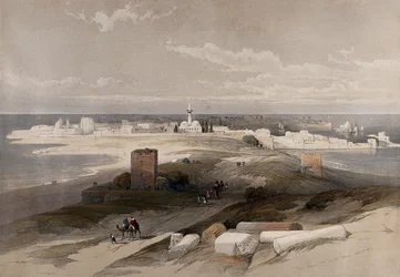 Den antikke byen Tyrus, sett fra landtangen. Fargelithografi av Louis Haghe etter David Roberts, 1843.