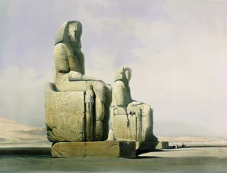 Theben, 4. desember 1838, detalj av Memnonkolossene, plansje 12 fra bind I av Egypt og Nubia, gravert av Louis Haghe 1806-85, utgitt 1846, litografi, detalj av 67033