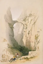 Triumfbue over kløften som leder til Petra, plansje 95 fra bind III av «The Holy Land», gravert av Louis Haghe (1806-85), utgitt 1849