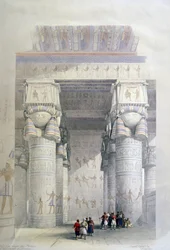 Utsikt fra under portikoen til Dendera-tempelet, ca. 1839. Litografi fra 1856 etter David Roberts (1796–1864), skotsk kunstner og orientalist.