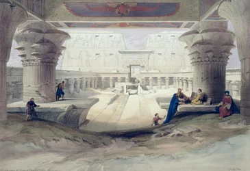 Utsikt fra under portikoen ved Edfu-tempelet, Øvre Egypt, plansje 32 fra bind I av Egypt og Nubia, gravert av Louis Haghe (1806-85), utgitt 1846
