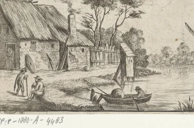 Landskap med gård og vann