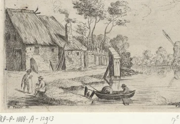 Landskap med gård og vann