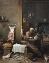 Et kjøkkeninteriør med en kokk som tilbereder et spill ved et bord (Le Cuisinier Flamand)