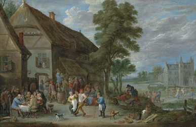 Bønder danser utenfor et vertshus i Perck, med Kasteel de Drij Toren bortenfor