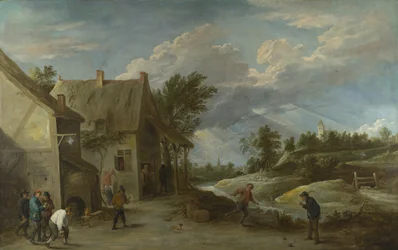Bønder som spiller boller utenfor et Village Inn, ca. 1660