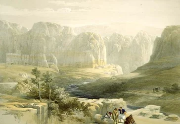 Petra ser sørover, 9. mars 1839, plate 106 fra bind III av Det hellige land, gravert av puben Louis Haghe (1806-85). 1849