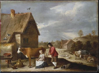 En melkepike og en hyrde utenfor en hytte, sent på 1640-tallet