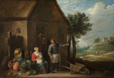 En bonde ved en hyttedør med en sittende kvinne og barn, ca. 1650–1655 (olje på lerret)