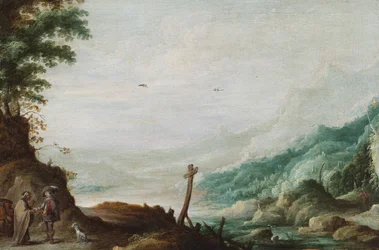 Et fjellrikt elvelandskap med en spåkone (olje på panel)