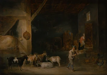 Fjøs med geiter og en gutt som spiller blokkfløyte, ca. 1640-45