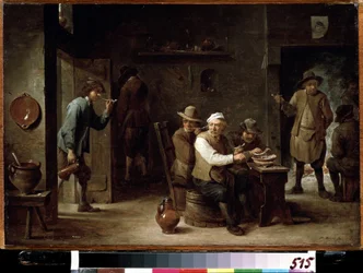 I tavernaen. Maleri av David Tenier den yngre (1610-1690). Olje på tre, 36,2 x52,6 cm, ca 1640. Flamsk skole, barokkkunst. Pushkin Museum of Fine Arts, Moskva.