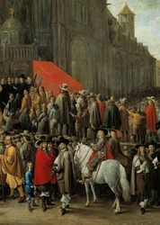 Papegai-spillet i Brussel i 1652 Spill som består av å skyte mot et mål laget av en fugl av tre eller papp plassert på toppen av en stang (detalj)