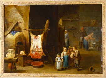 Interiøret i en bondehytte med en griseskrott og en gutt som sprenger en blære, 1646