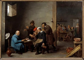 Mannen med den hvite hatten Gruppe menn som røyker pipe på et vertshus. Maleri av David Teniers II den unge (1610-1690)
