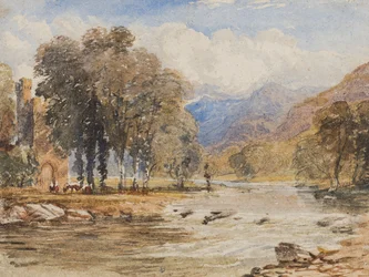 Elvelandskap, sannsynligvis Skottland (blyant og akvarell på papir)
