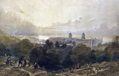 Utsikt over Greenwich (England), en sommerkveld, fra parkens høyder, bakerst, Londons skyline