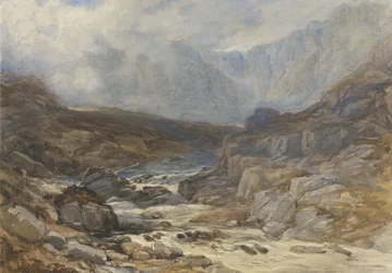Welsh Mountain Scene med Torrential River (akvarell med kroppsfarge og svart kritt på papir)