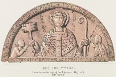 Tympaan van Egmond: buetromme med Petrus, grev Dirk VI av Holland og hans mor grevinne Petronella, ca. 1120 Skulptur. Stein over inngangen til Egmonder Abdy kirke (1100-tallet) (tittel på objekt)