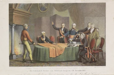 Aksept av den høye regjeringen av triumviratet i navnet til prinsen av Orange, 21. november 1813 Gjenopprett en nederlandsk regjering til Nederland. (20. november 1813) (tittel på objekt)