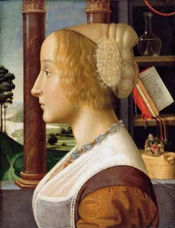 ""Profilportrett av en ung kvinne"" (Profilportrett av en ung kvinne) Maleri av Davide Ghirlandaio (1452-1525) ca. 1490 Dim 44,6x34,3 - Staatliche Museen, Berlin
