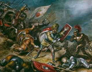 Et maleri viser Rikard III som kjemper til fots på Bosworth Field. Kunstverk.