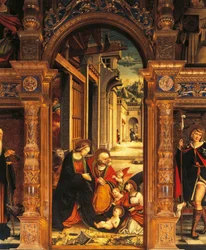 Nativity, detalj fra altertavlen fra 1500-tallet, av Defendente Ferrari (1480 eller 1485-1540), Abbey of St Anthony of Ranverso, Buttigliera Alta, Italia