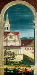Perspektiv malt av Defendente Ferrari (1480 eller 1485-1540), på den bakre delen av koret fra 1500-tallet, Church of Saint Jerome, Biella. Italia