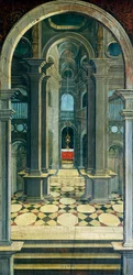 Perspektiv malt av Defendente Ferrari (1480 eller 1485-1540), på den bakre delen av koret fra 1500-tallet, Church of Saint Jerome, Biella. Italia