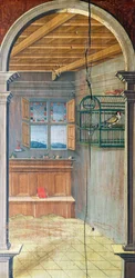 Perspektiv malt av Defendente Ferrari (1480 eller 1485-1540), på den bakre delen av koret fra 1500-tallet, Church of Saint Jerome, Biella. Italia