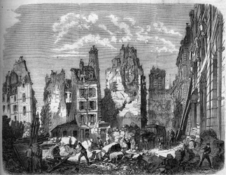 Transformasjoner av Paris under det andre imperiet, Haussmann Paris. Ødeleggelse av en del av Ile de la Cité for utvidelse av Hotel Dieu, gravering etter en